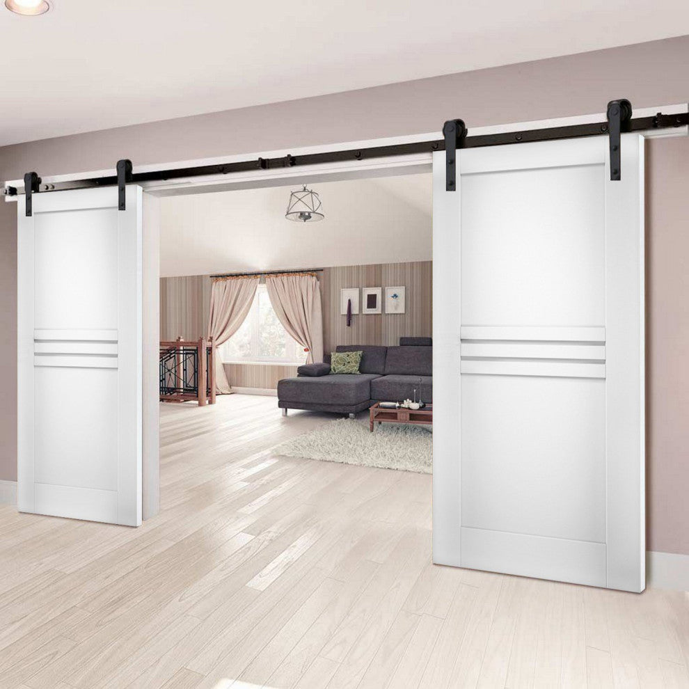 Double Barn Doors / Mela 7444 White Silk / 13FT Rail, 56" X 96" ( 2* 28x96)