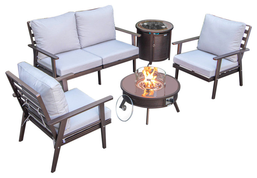 LeisureMod Walbrooke Patio Conversation Set With Fire Pit Table, Light Grey
