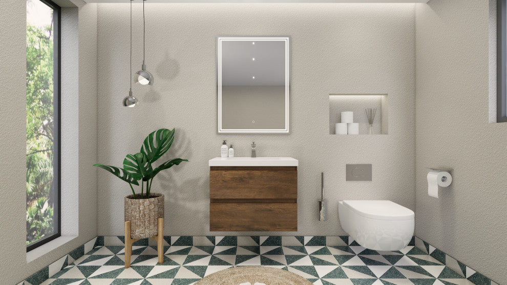 Belli 30" Wall Mounted Single Bathroom Vanity Set, Rosewood, Glossy White Top