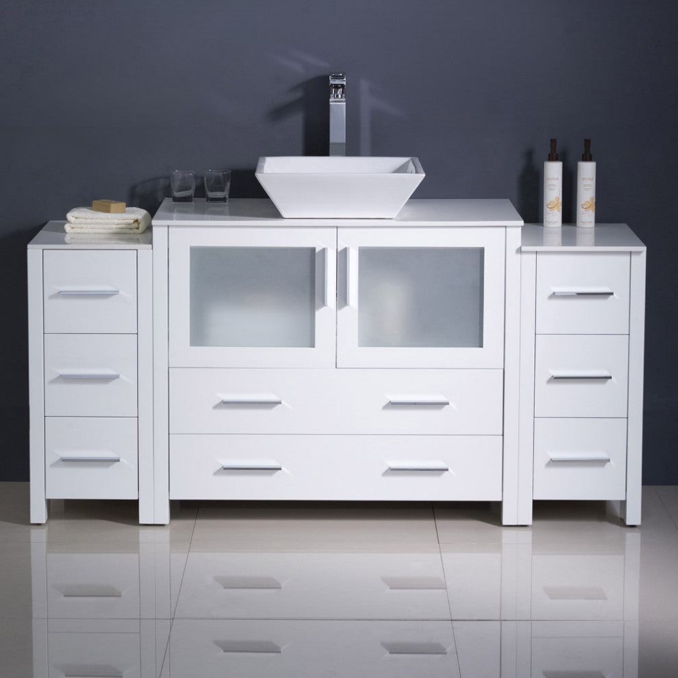 Torino 60" Bathroom Cabinet, White, With Top and Vessel Sink