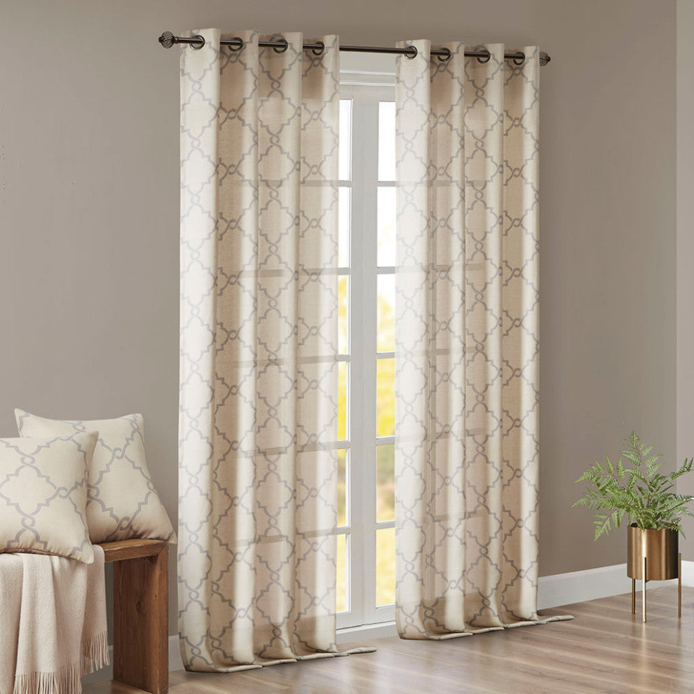 Madison Park Saratoga Fretwork Print Grommet Top Window Curtain Panel, Beige