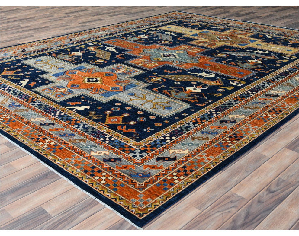 Navy Blue, Armenian Inspired Design 200 KPSI Wool Hand Knotted Rug, 9'1"x11'7"