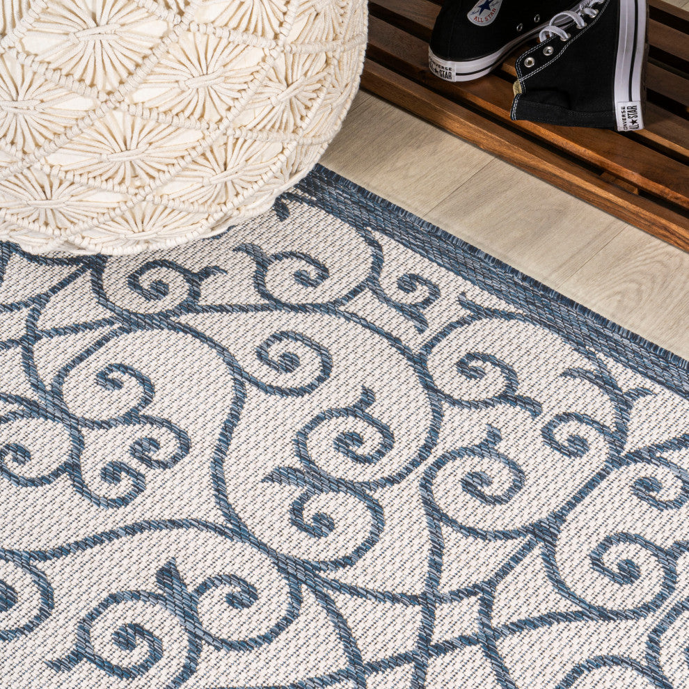 Madrid Vintage Filigree Textured Weave Indoor/Outdoor, Blue/Cream, 5 X 8