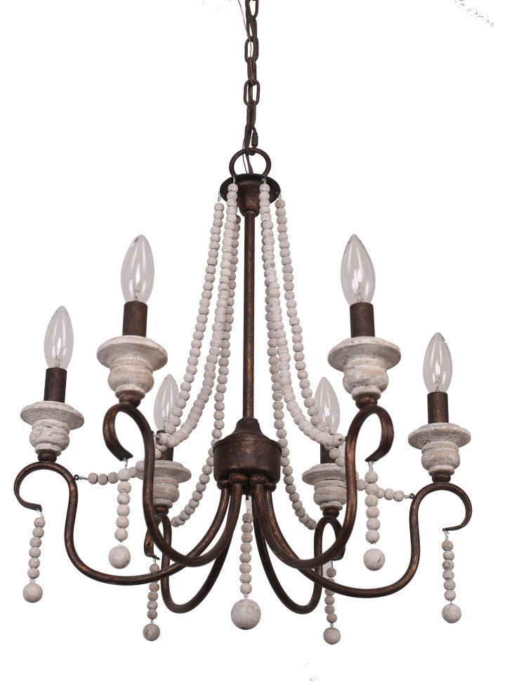 6-Light French Country chandelier With Wood Bead Strings Distressed Wood, Rusty