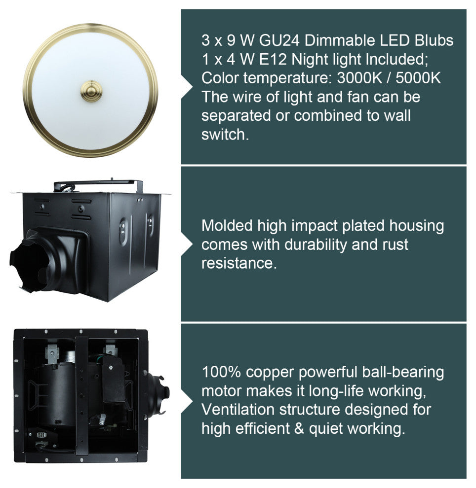 Bathroom Exhaust Fan With LED Light and Nightlight 110CFM 1.5 Sone Brushed Gold
