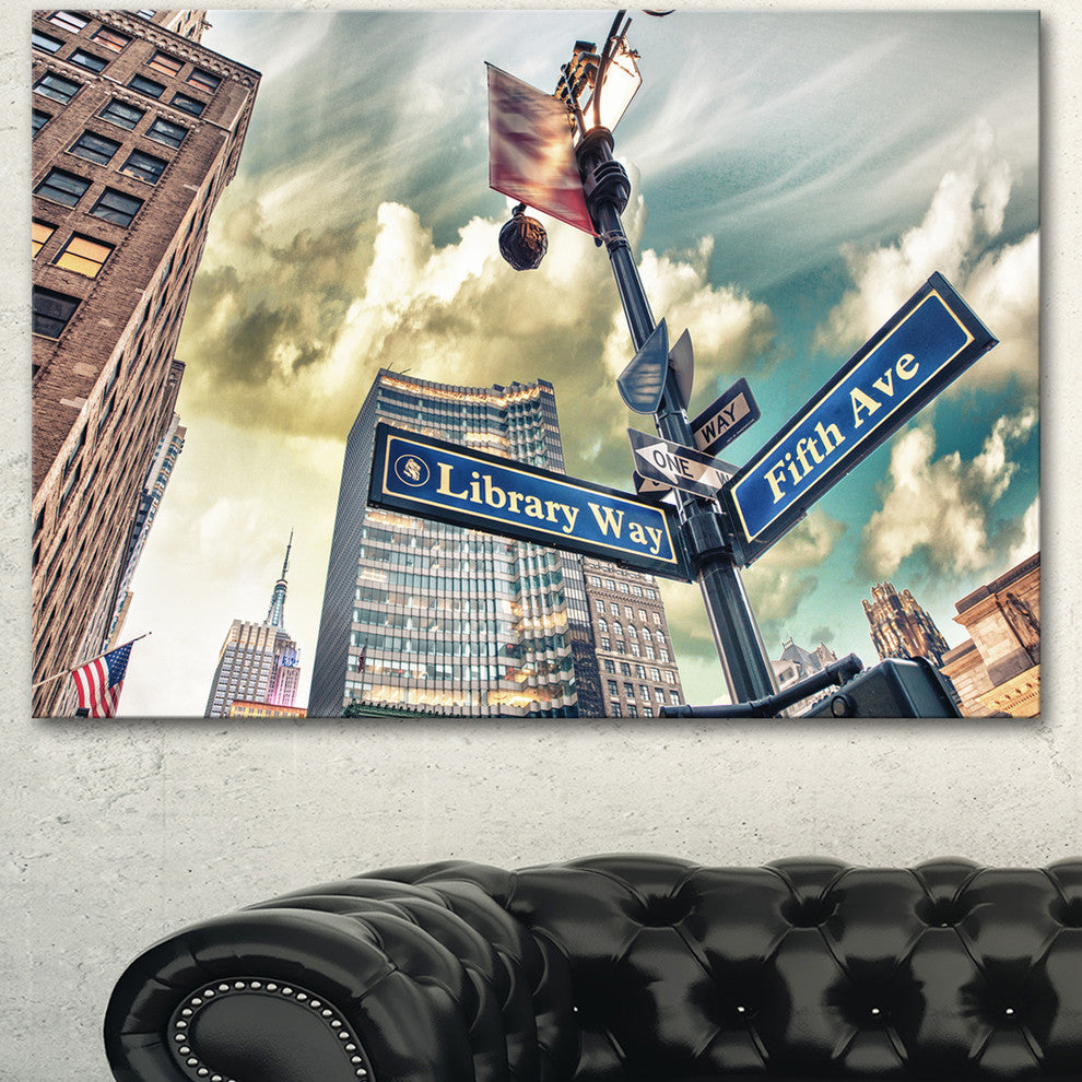 Library Way and 5th Avenue Street Signs, Cityscape Canvas Art Print, 60"x28"