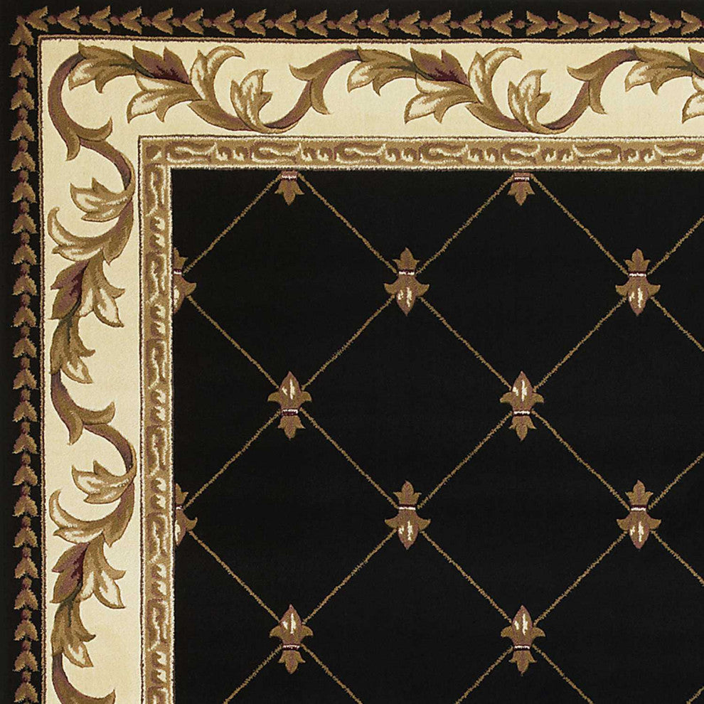 5' X 8' Black Fleur De Lis Diamond Bordered Indoor Area Rug