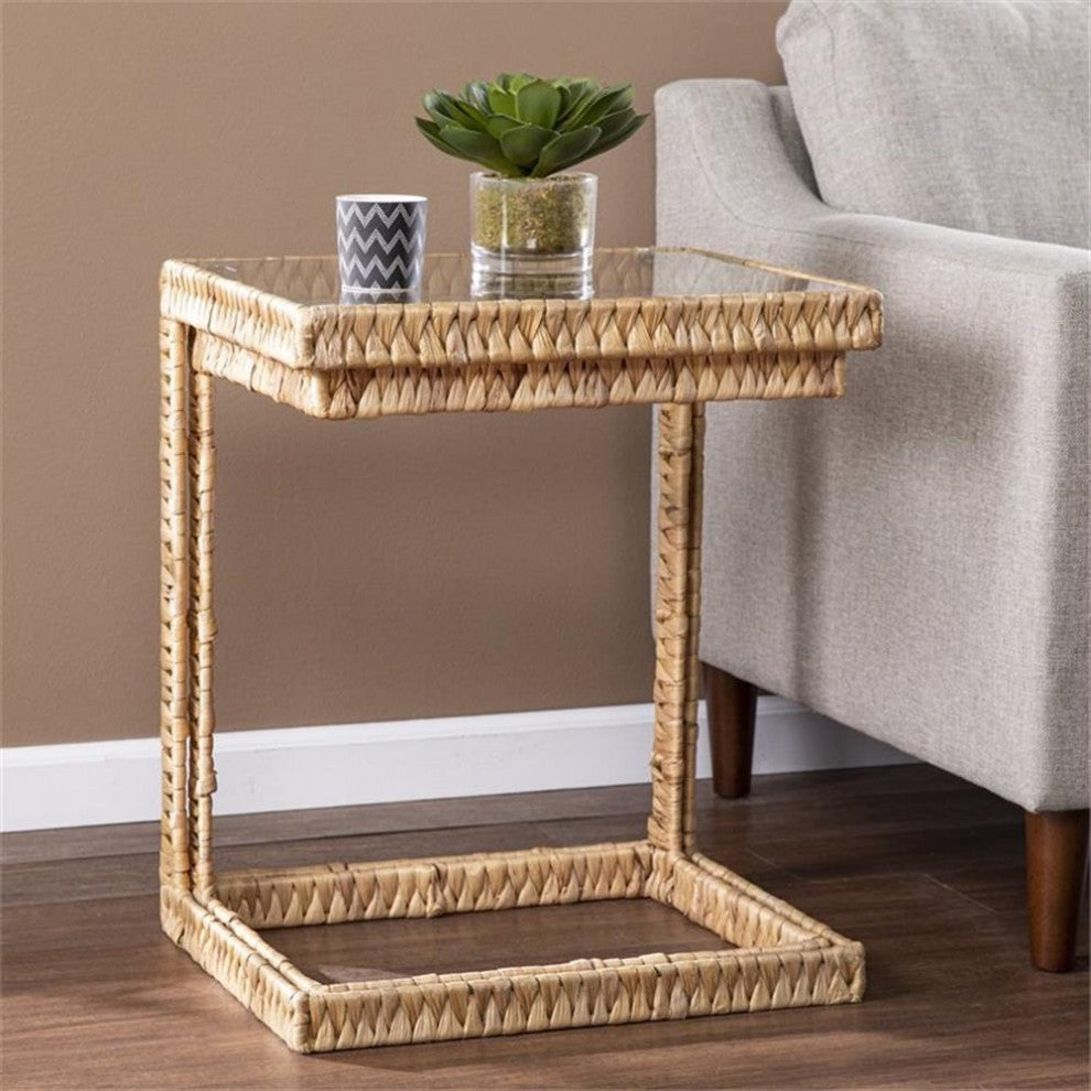 Maklaine Transitional Rattan C-End Table in Natural (Set of 2)
