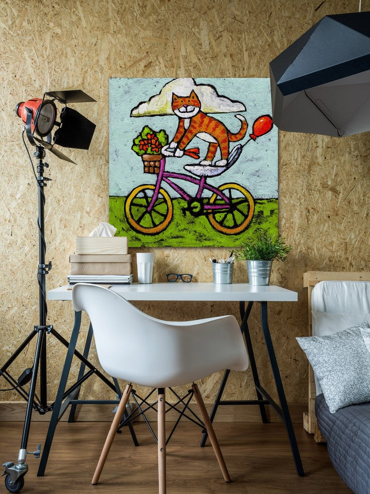 "Tiger Cat Bike Acrobat" by Janet Nelson Print Wrapped Canvas, 48x48