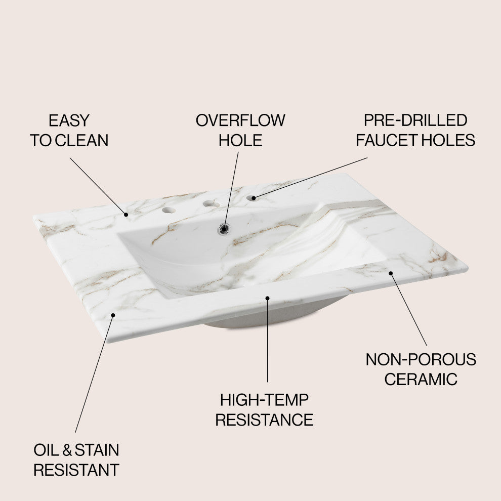 Ancillary 3-Hole Contemporary Rectangular Ceramic Single Sink Basin Vanity Top