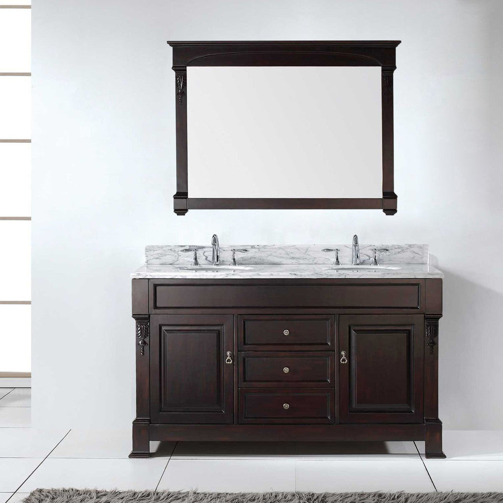 Virtu Huntshire 60" Double Bathroom Vanity, Dark Walnut With Faucet and Mirror