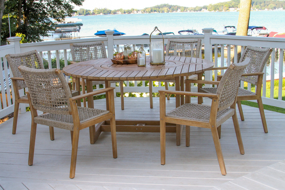 6 Person Antique Wash Lazy Susan Table With Wheat Rope Chairs