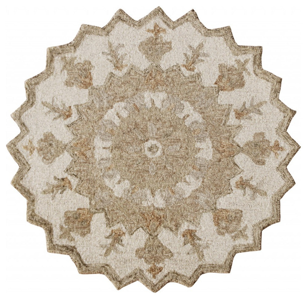 3' Round Tan Retro Modern Medallion Area Rug
