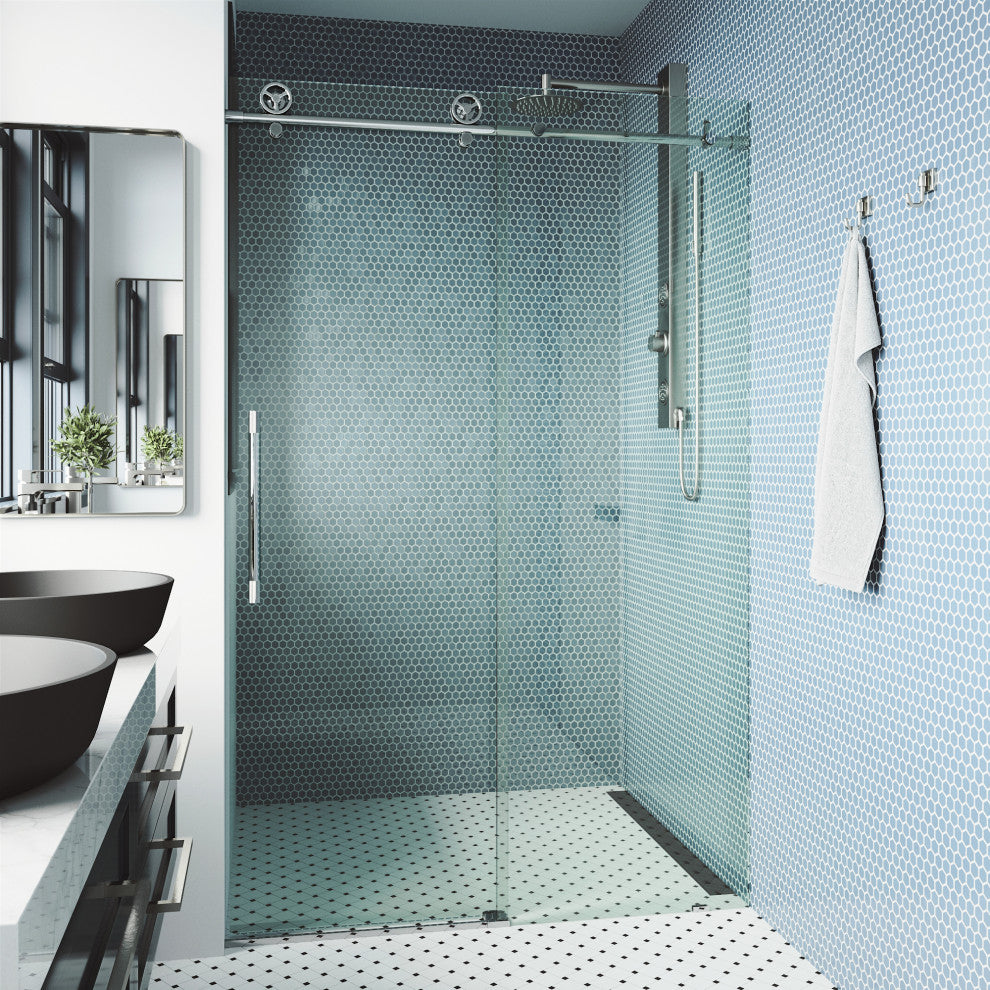 VIGO Elan Cass Aerodynamic 52" to 56" W x 76" H Frameless Sliding Shower Door, Chrome, Clear Glass