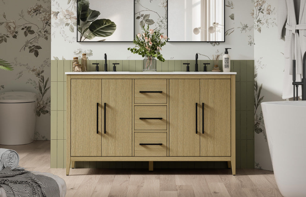 Home Living 60" Double Bathroom Vanity, Honey Brown