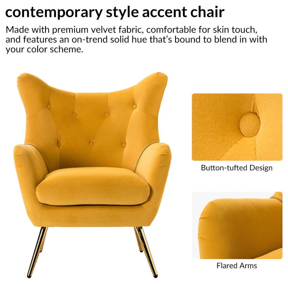 Tufted Accent Chair With Golden Legs, Mustard