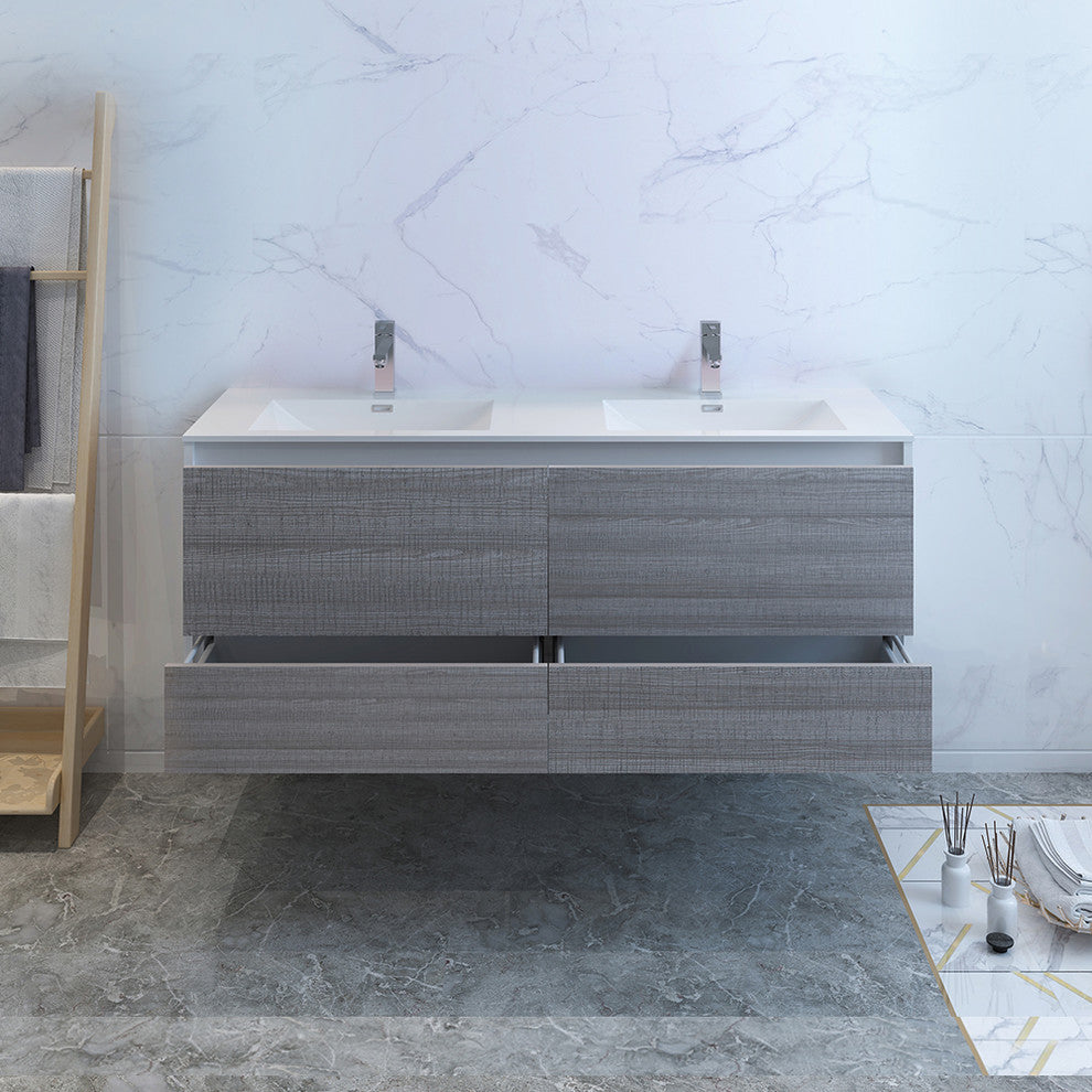 Fresca Catania 60" Gloss Ash Gray Wall Hung Cabinet With Integrated Double Sink