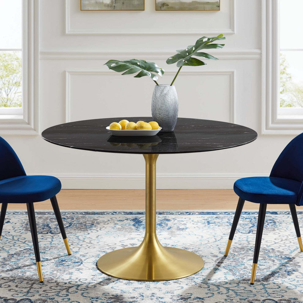 Dining Table, Round, Artificial Marble, Metal, Gold Black, Modern, Cafe Bistro