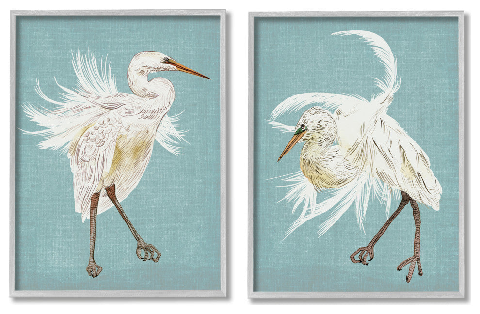 Dancing Heron Birds White Feathers over Blue,2pc, each 24 x 30