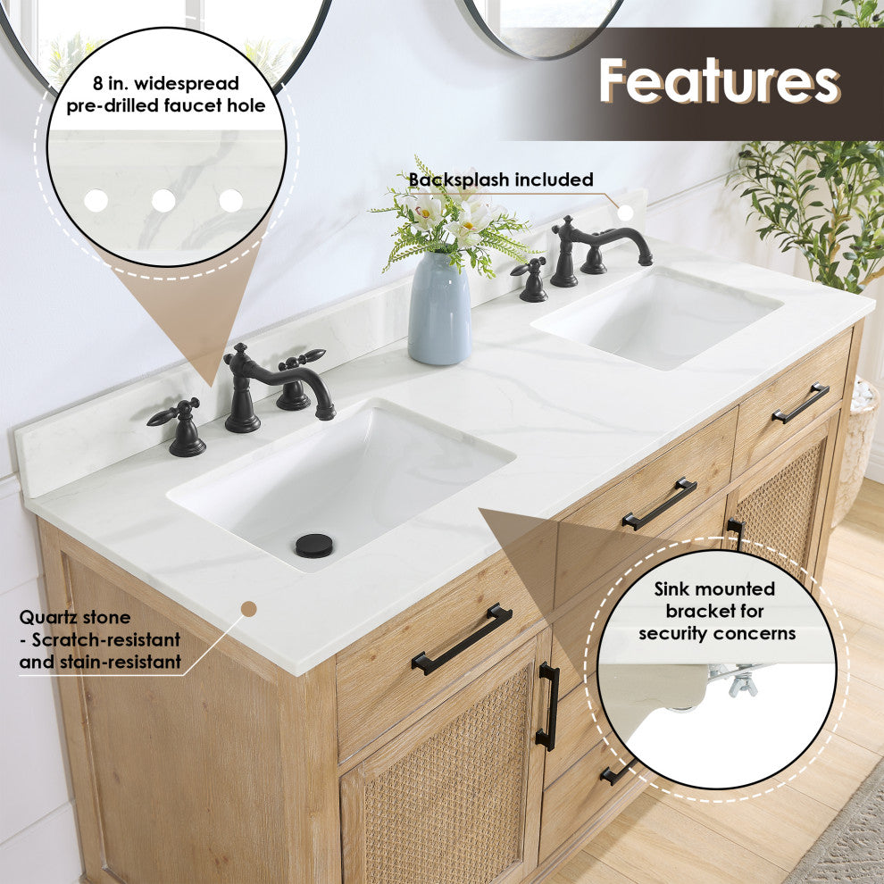 Arbios Quartz Stone Vanity Top in Calacatta White, Calacatta White, 60", 8 Inch Widespread