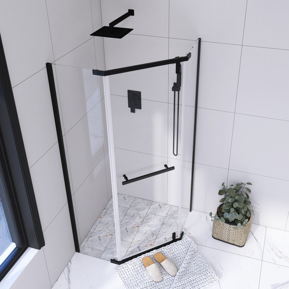 Neo-angle Pivot Semi-Frameless Corner Shower Enclosure, Matte Black