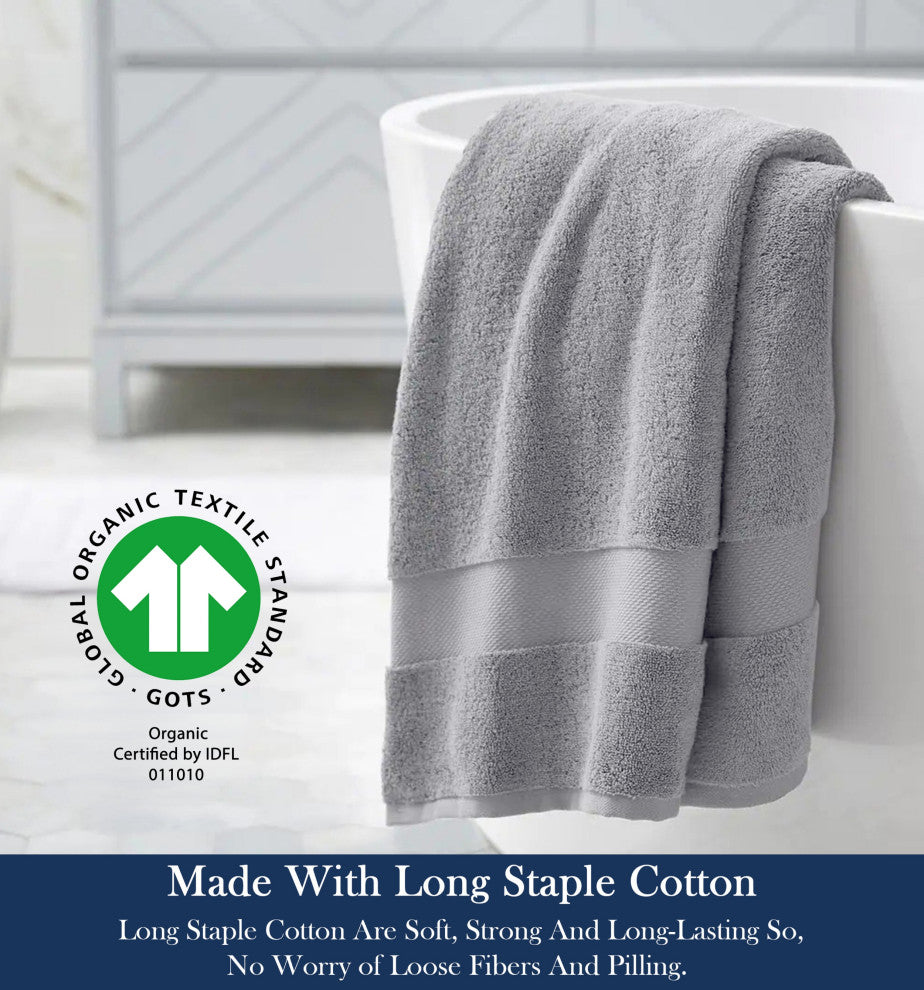 Delara 100% Organic Cotton Plush Bath Towels, 30"x58", Set of 1, Light Grey