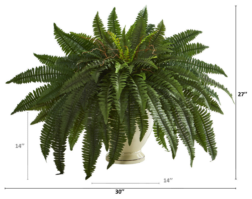 27" Double Boston Fern Artificial Plant, Decorative Urn