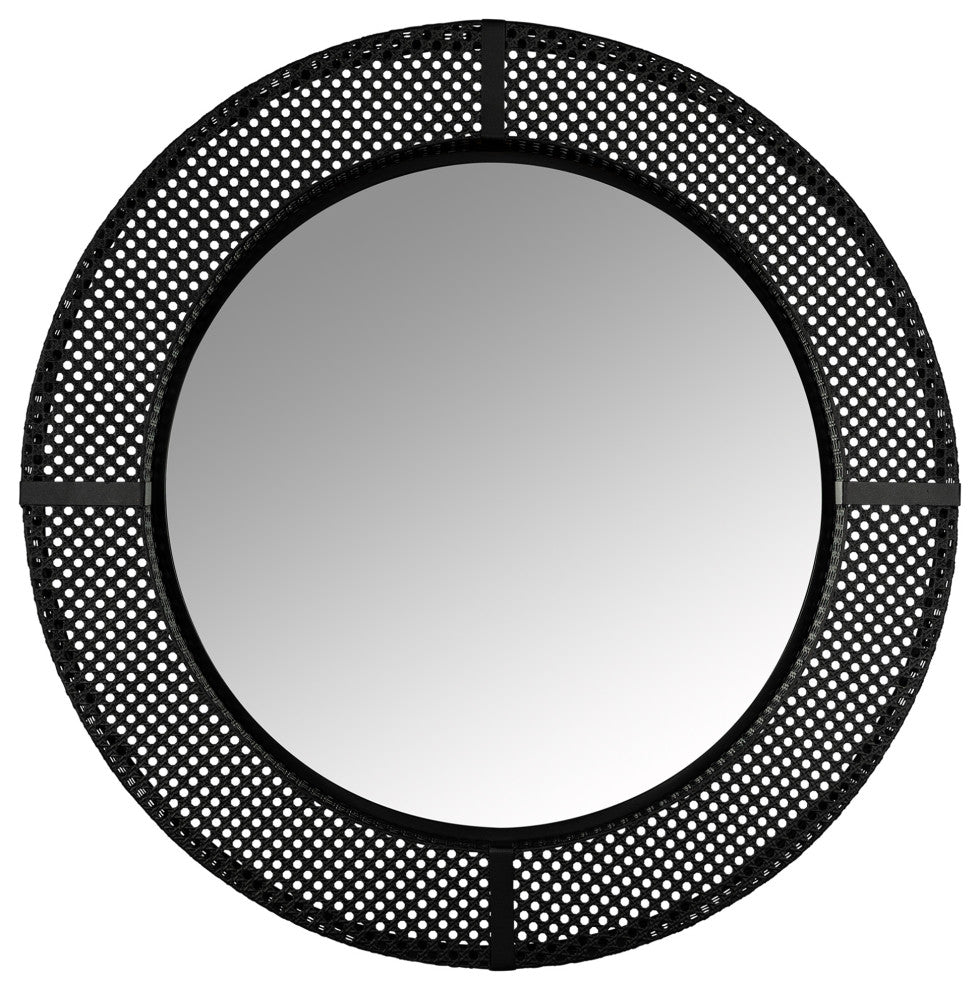 Black Metal Cane Webbing Round Wall Mirror