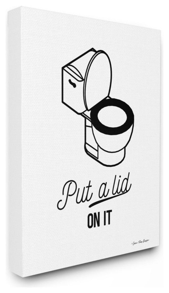 Put A Lid On It Black and White Script with Toilet Drawing, Canvas, 16"x20"
