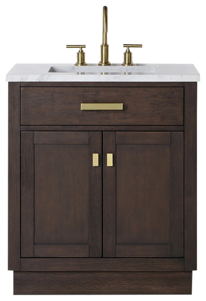 Chestnut 30" Bath Vanity, Brown Oak, Mirror, Satin Gold Hardware