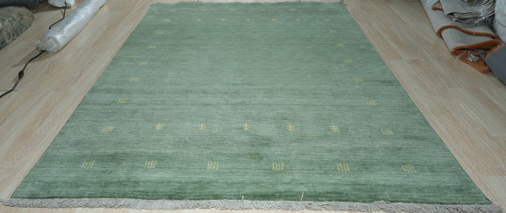 Hand-Knotted Wool Green Contemporary Transitional Rug, 10'x14'
