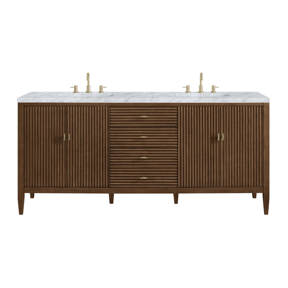 Myrrin 72" Double Vanity, Mid Century Walnut, 3 CM Carrara White Marble Top
