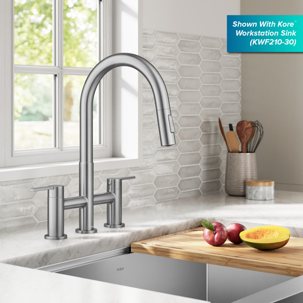 KRAUS Oletto 2-Function Pulldown 3-Hole Bridge Kitchen Faucet, Spot Free SS