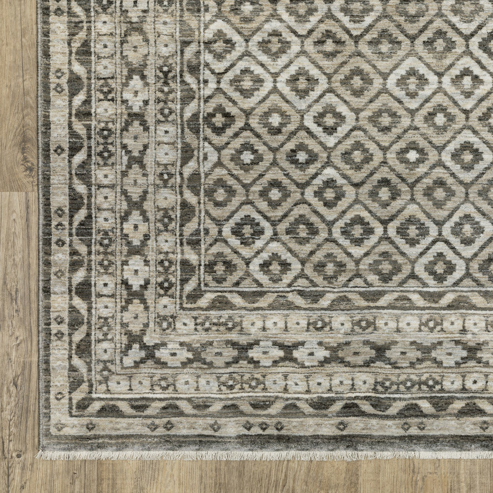 Callum Diamond Panel Grey/Beige Fringe Edge Rug 3'3" x 5'