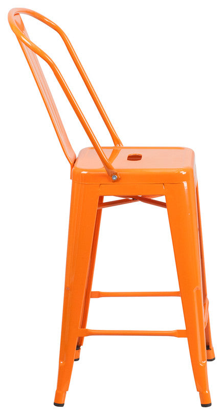 24" High Orange Metal Indoor-Outdoor Counter Stool With Back