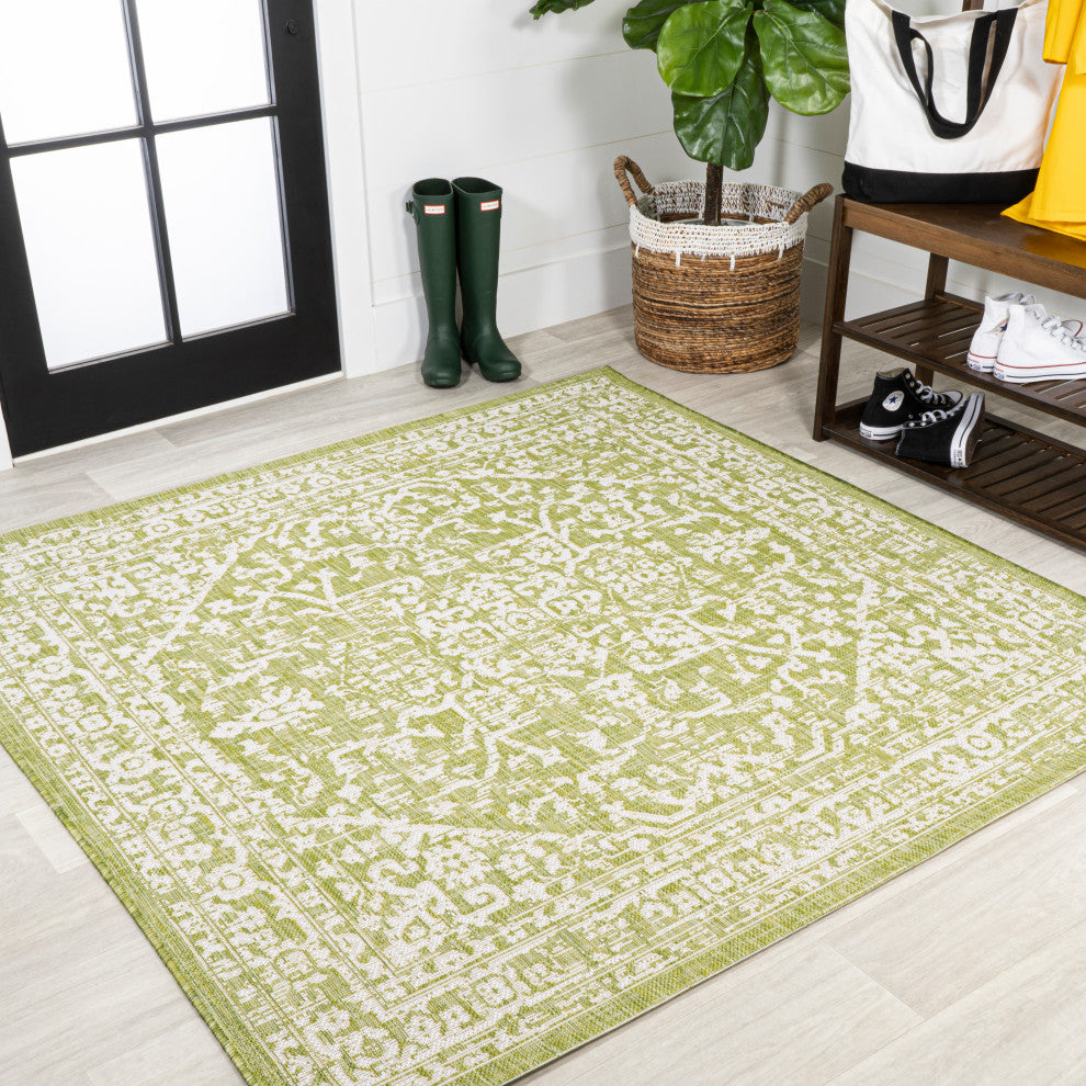 Malta Boho Medallion Textured Weave Indoor/Outdoor, Green/Cream, 5' Square