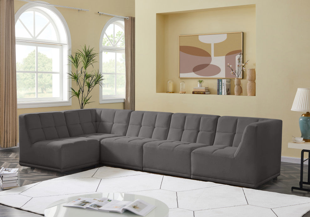 Relax Velvet Upholstered 5-Piece L-Shaped Modular Sectional, Grey