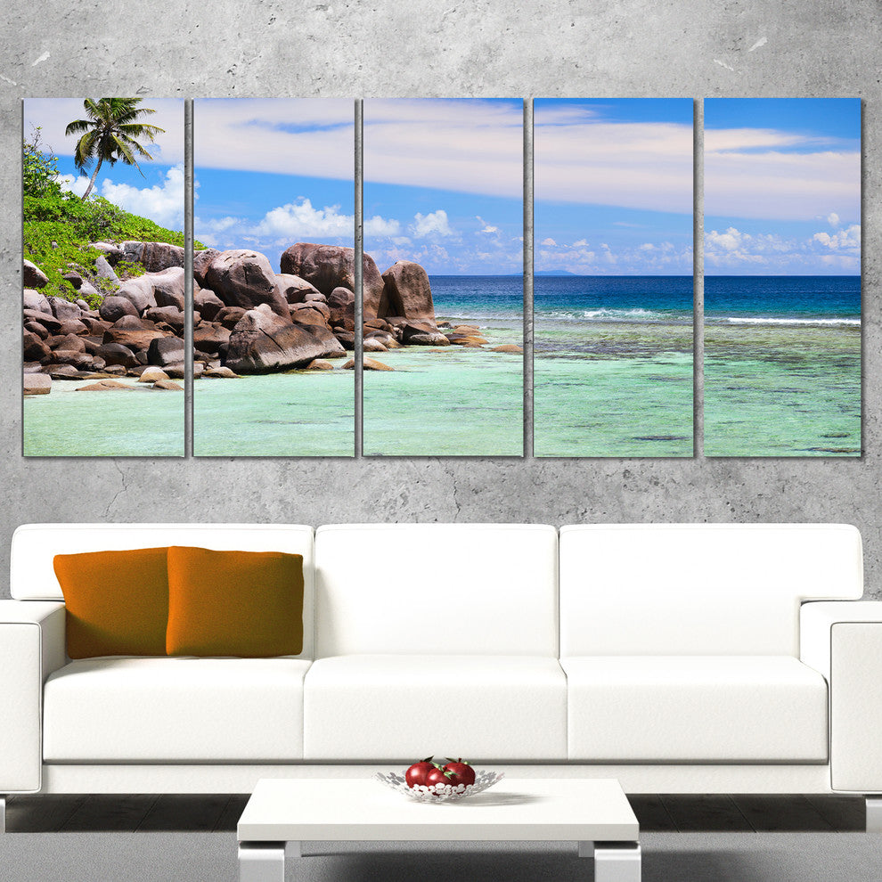 "Beautiful Seychelles Rocky Coast" Landscape Wall Art, 5 Panels, 60"x28"