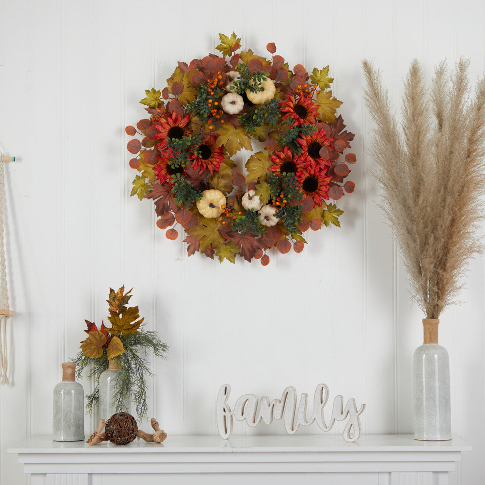 W1179 30 Fall Acorn, Sunflower, Berries and Autumn Foliage Artificial Wreath