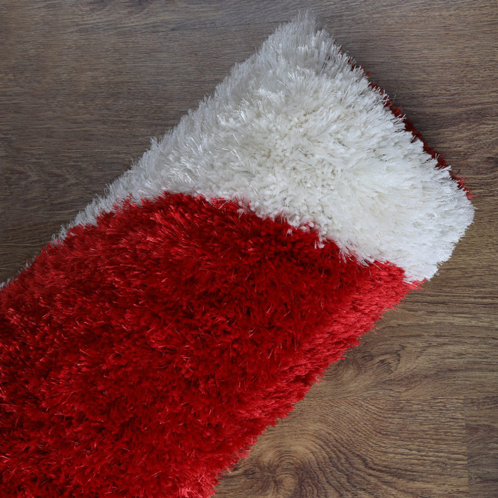 Hand Tufted Shag Polyester Area Rug Contemporary Red White, [Square] 8'x8'