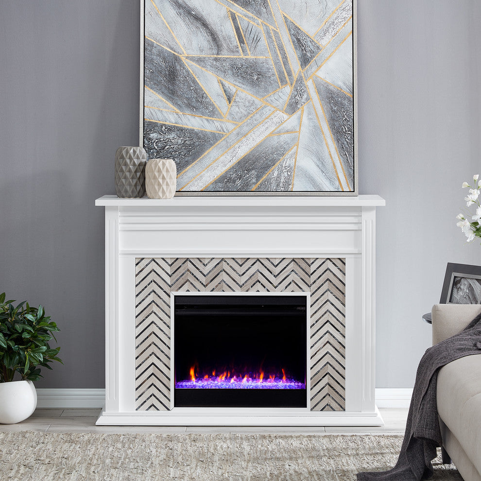 Hanston Tiled Marble Fireplace, White and Gray