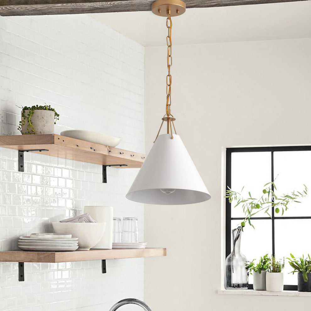 Modern Gold 1-Light Pendant Light Fixture with White Metal Shade