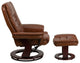 Leather Recliner and Ottoman, Mahogany Wood Base, Brown Leather