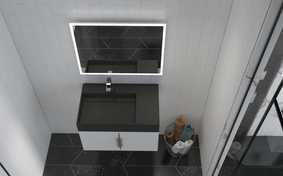 CastelloUSA Amazon 30" Left Wall Mounted Bathroom Vanity Set, White, Black Top, Brushed Nickel