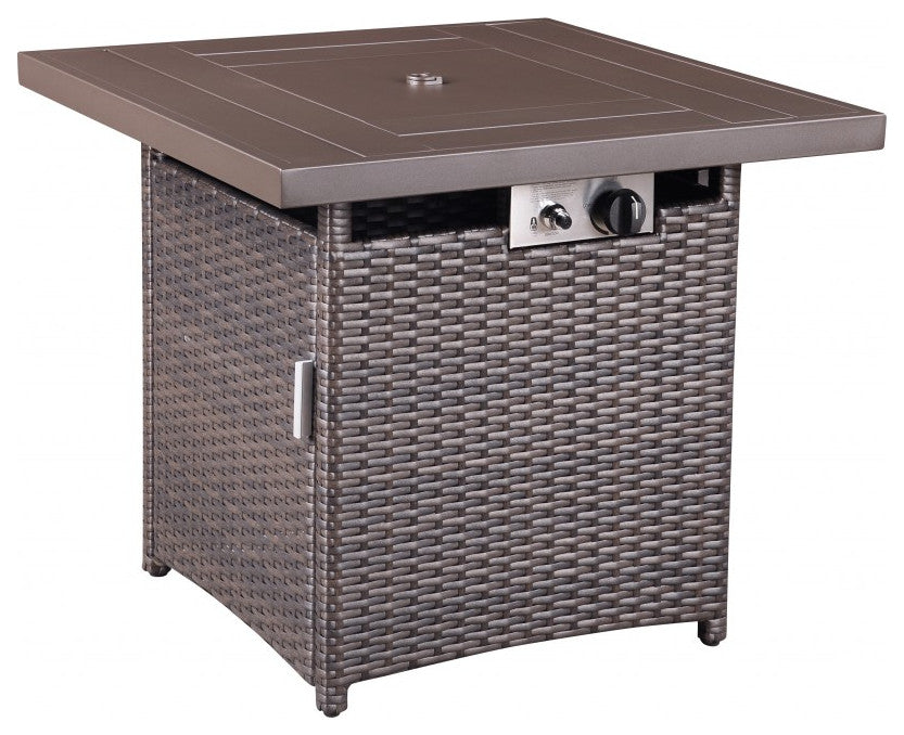 28" Brown Faux Rattan Design Square Propane Fire Pit With Glass Bead Rocks