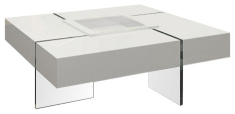 Coffee Table Lacquer Top With Removable Tray and Glass Base, 40x40x16"