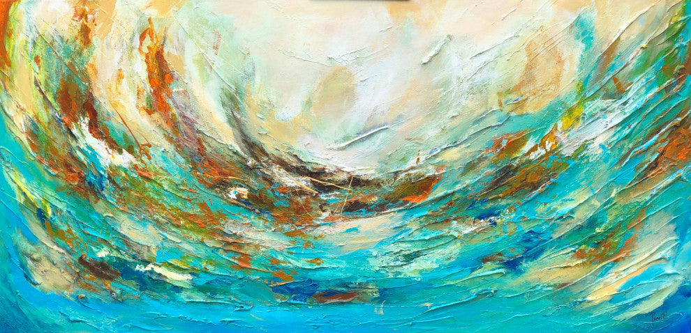 48"x24" The Storm Original Large Modern green teal coastal sea Painting