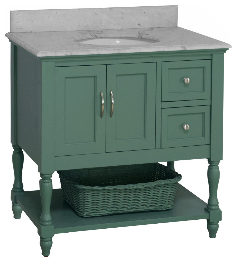 Beverly 36" Bathroom Vanity, Sage Green, Carrara Marble