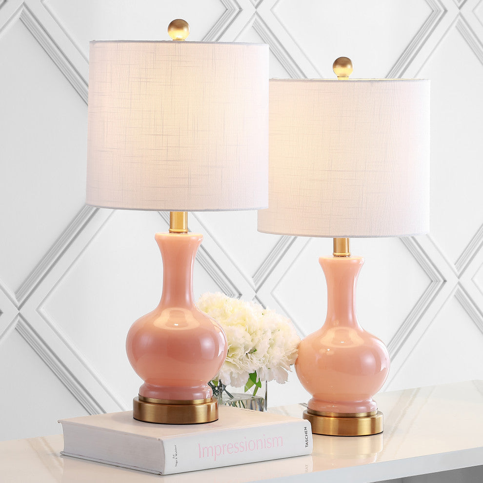 Cox 22" Glass and Metal Led Table Lamp, Set of 2, Light Coral and Brass Gold