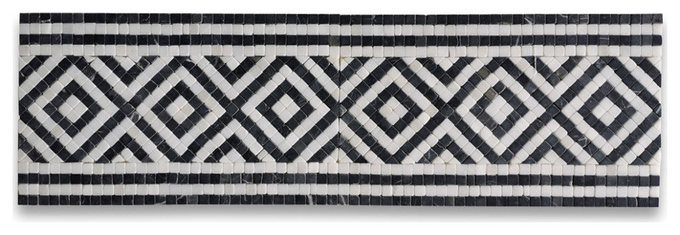 Guitam Black White 7.1x11.7 Marble Mosaic Border Listello Tile Tumbled, 1 piece
